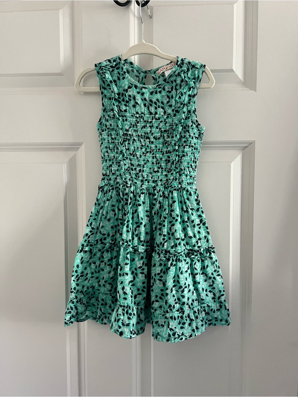 Banjanan Teal Smocked Tiered Dress with Black Spot Print